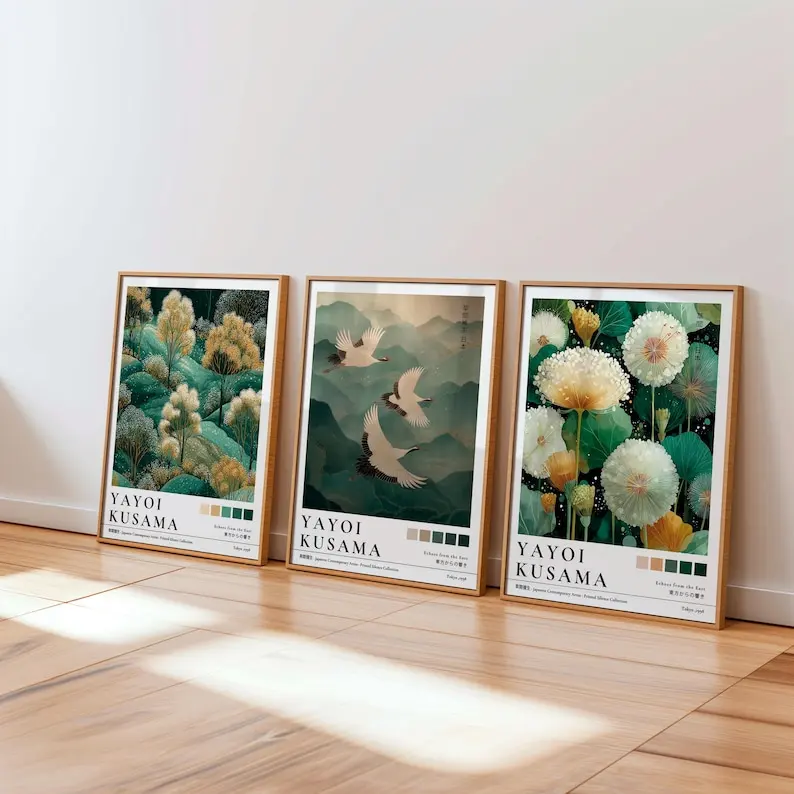 1/3pcs Japanese Yayoi Kusama Dandelion Canvas Poster Crane Forest Green Plants Wall Art Print for Modern Living Room Home Decor
