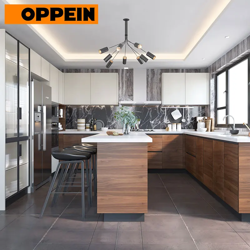 For OPPEIN Mid-Size Contemporary Eat-in Kitchen Cabinets White Medium Wood Grain Sink Faucet Hinge Drawer Slide for Apartments