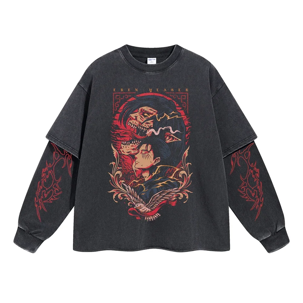 

Men Autumn Cotton Long Sleeve Tee Harajuku Anime Graphic Print T shirt Fashion Streetwear Black Washed Vintage T-shirt Unisex