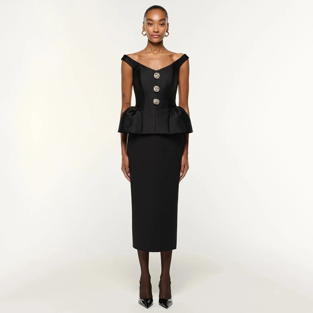 Customized Modern Party Dress Midi Tea Length V Neck Off Shoulder Cocktail Dresses Short Crystal Column Evening Cocktail Gowns