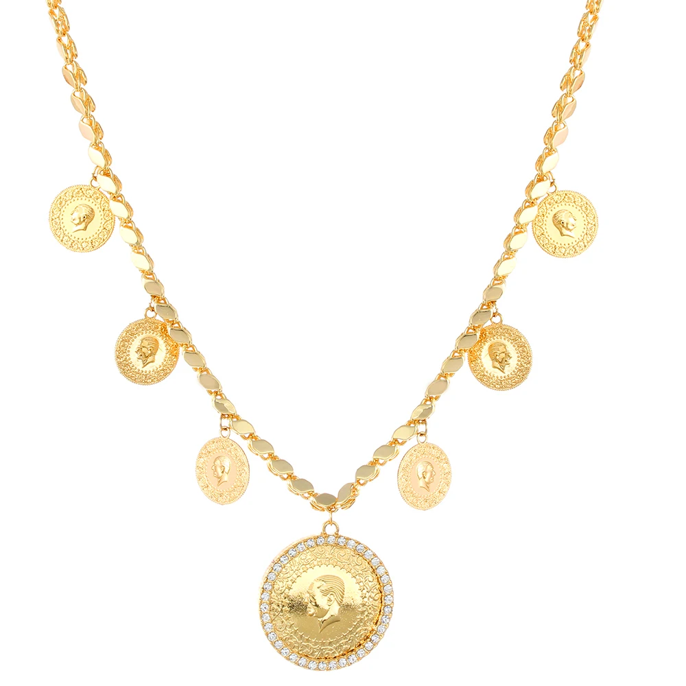 Dubai Gold Coin Pendant Cuban Chain Necklace Muslim Jewelry Middle East African Bride Wedding 60cm Long Necklaces