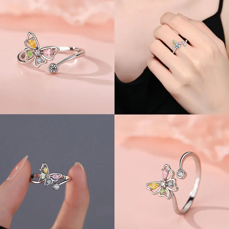 

Женские кольца из стерлингового серебра 925, циркон, бабочка, регулируемое кольцо на палец, роскошные ювелирные изделия, подарок на день рождения, предотвращает аллергию