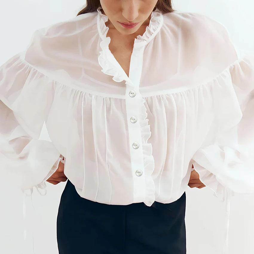 

Linad элегантная белая прозрачная блузка с оборками женская осенняя сексуальная шифоновая рубашка с длинными рукавами модные однобортные топы вечер 2025