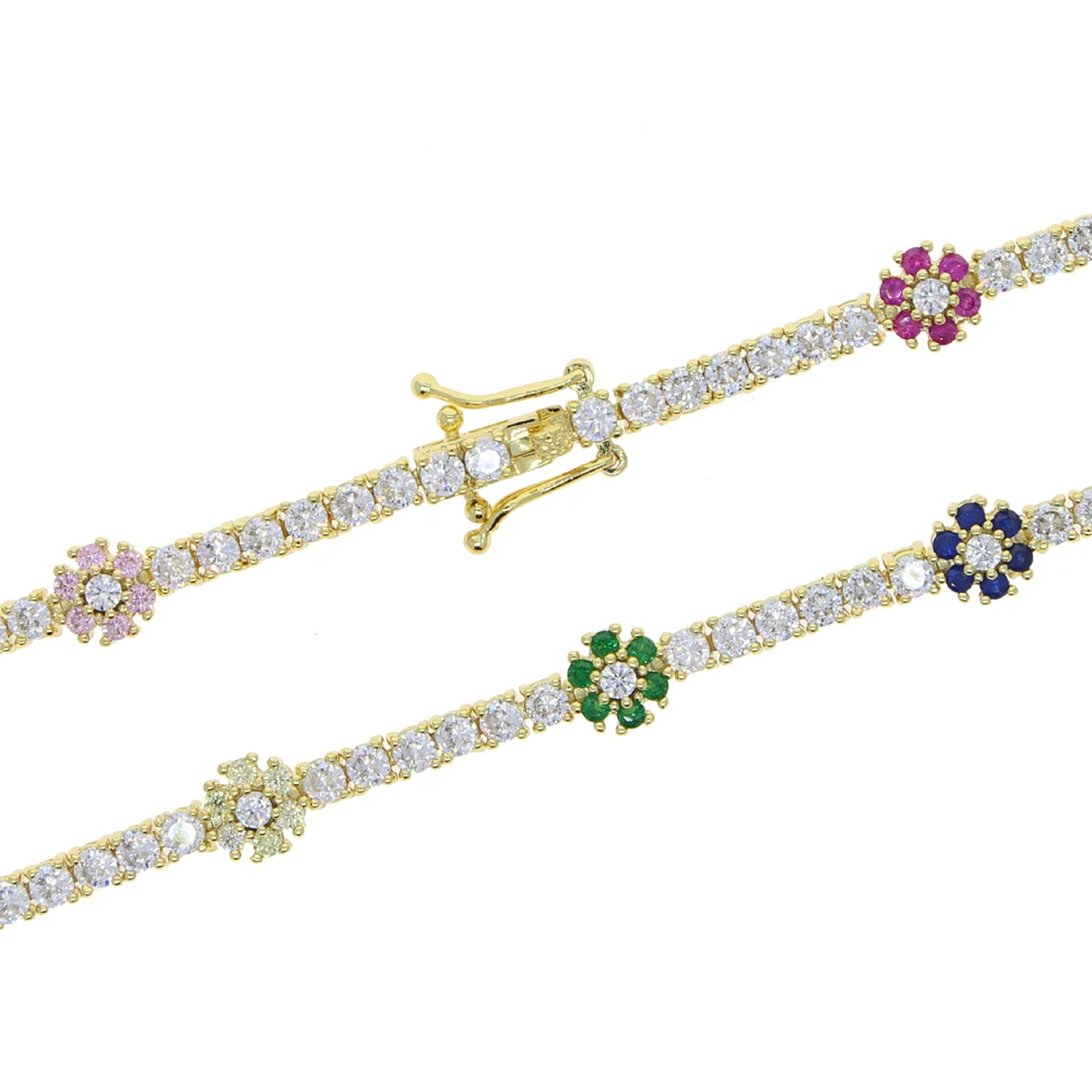 New Arrived Rainbow CZ Colorful Flower Tennis Link Chain Bracelet For Women Girls Iced Out Bling CZ Paved Daisy Flower Bracelet