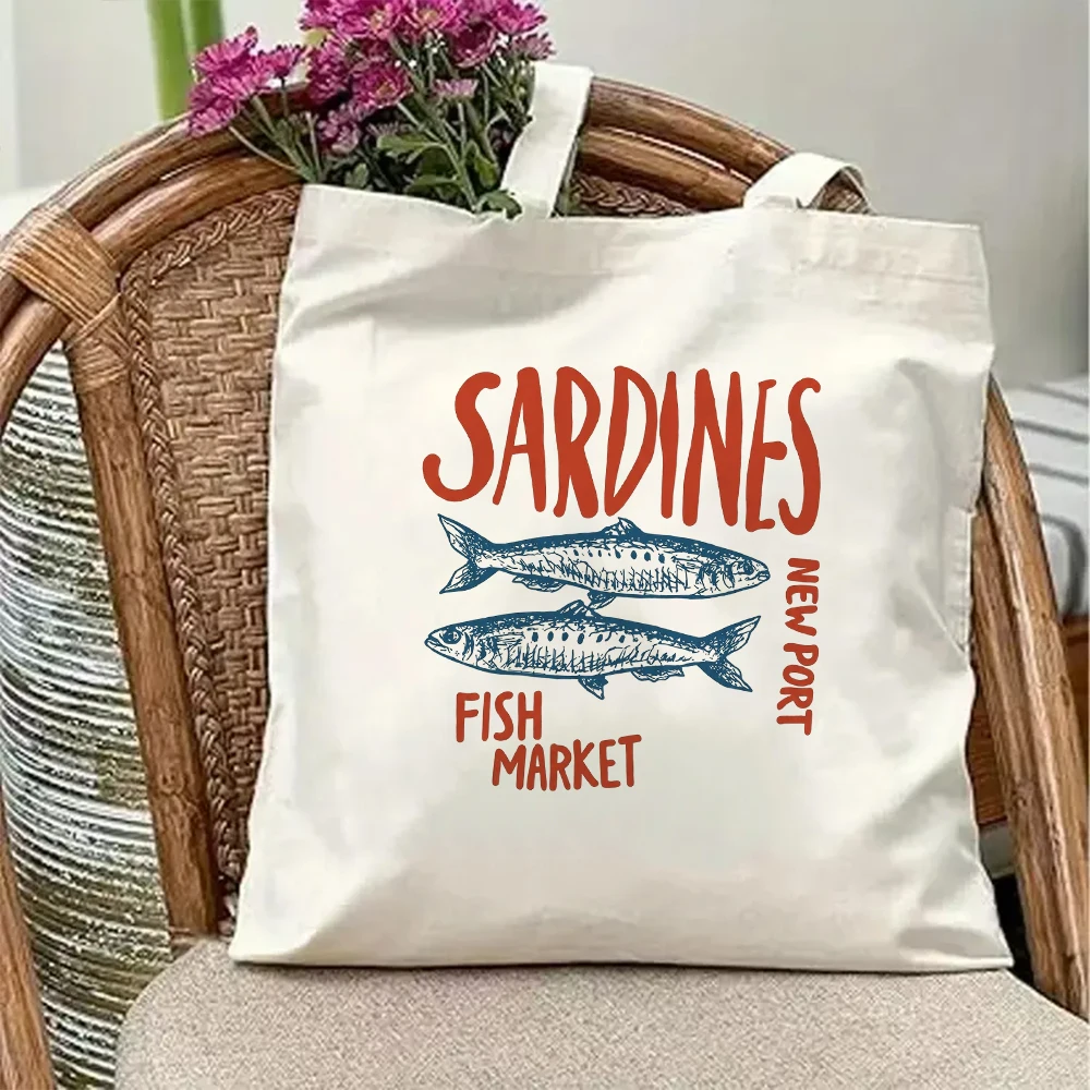 

Vintage Sardines Fish Market Canvas Tote Bag Retro Seafood Graphic Handbag Aesthetic Coastal Grocery Shopping Book Bag