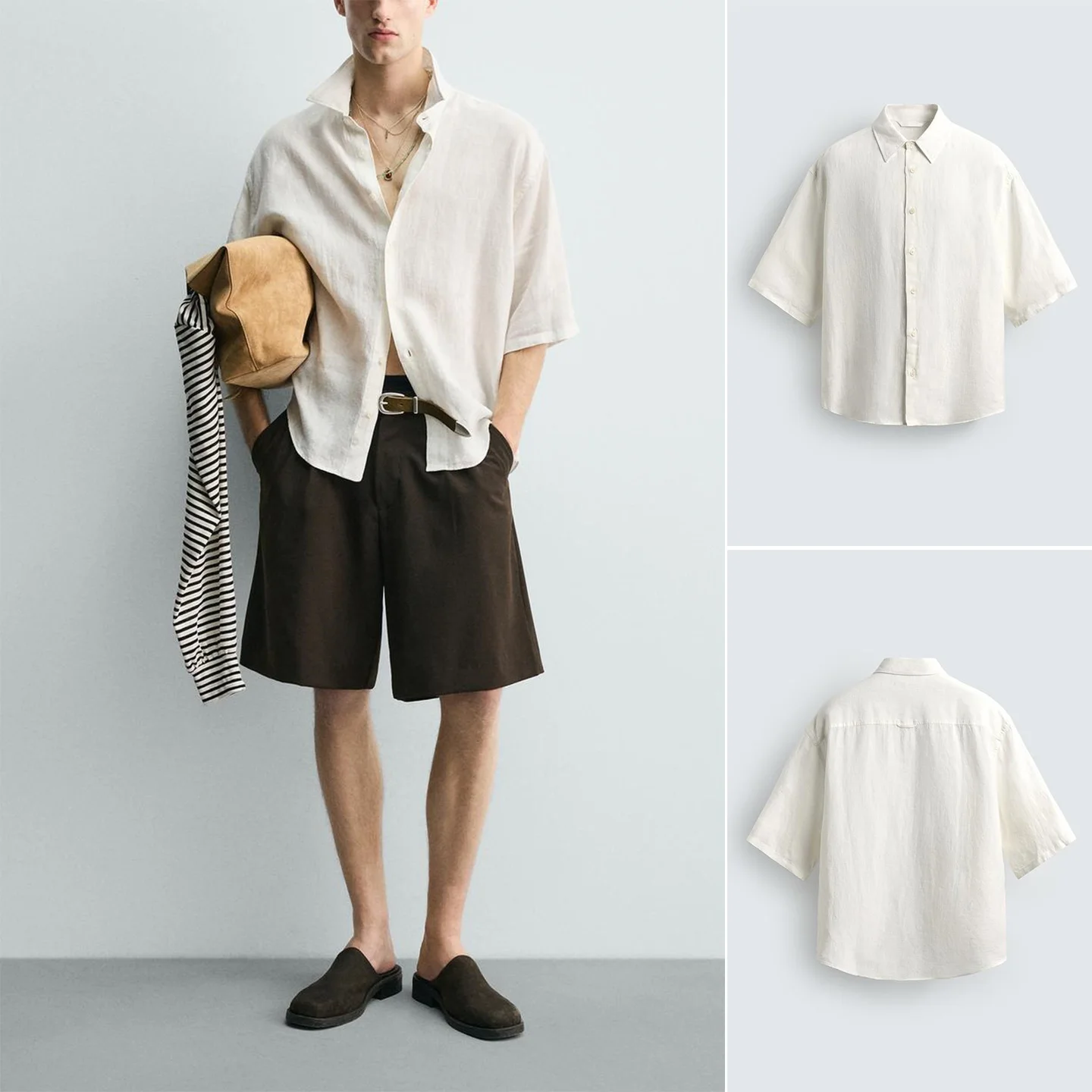 

Summer New Men's Minimalist Style Single Row Multi-Buckle Loose Fit Collar Short Sleeve Thin Shirt Polyester Fiber Cool Sensa...