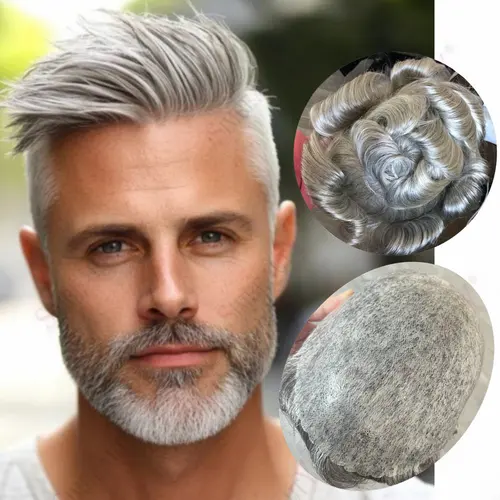 # Peluquín de pelo humano 1b80gris para hombre mayor, sistema de prótesis capilar masculina, línea de cabello Natural, Base de piel fina indetectable