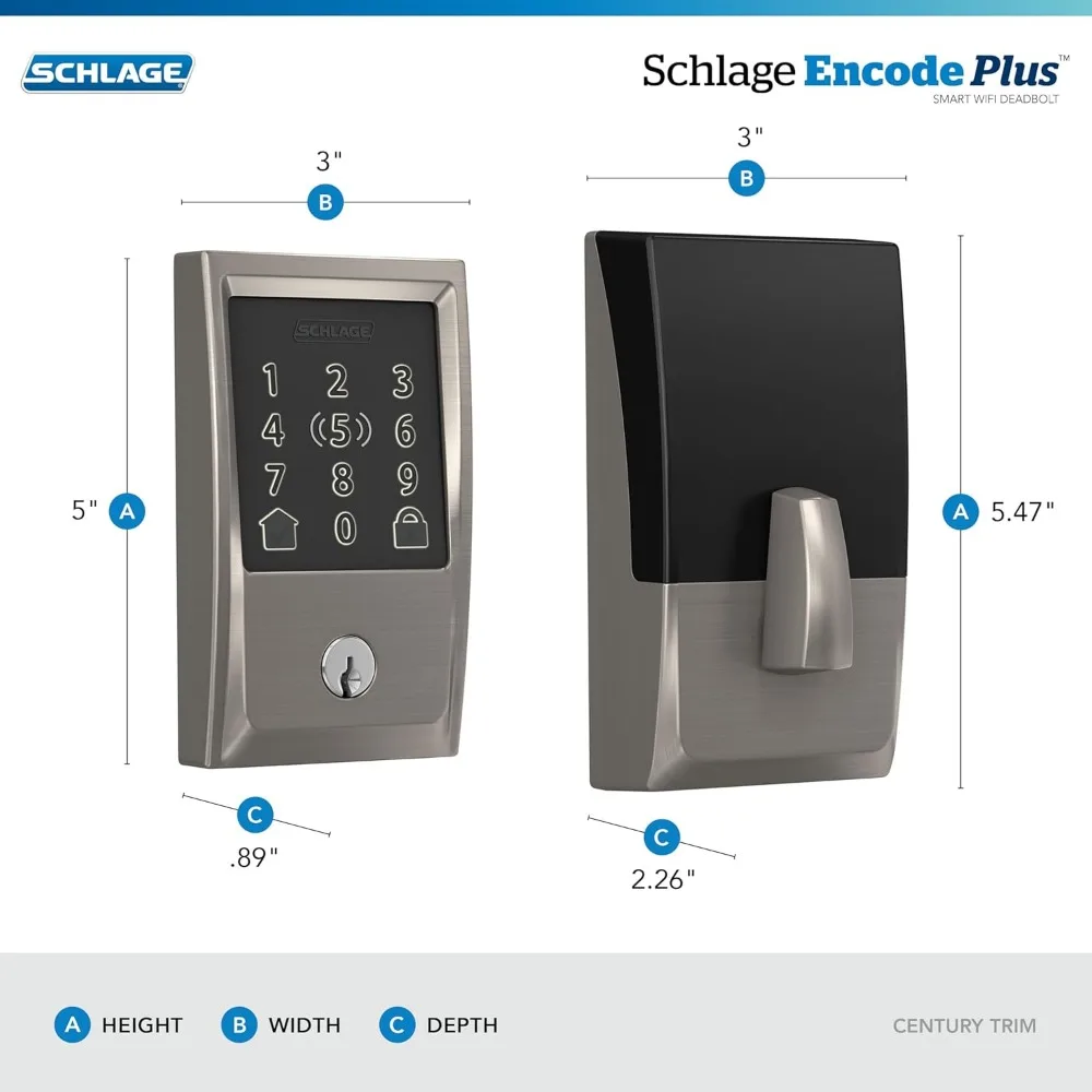 BE499WB CEN 619 Encode Plus WiFi Deadbolt Smart Lock, Keyless Entry Touchscreen Door Lock with Century Trim, Satin Nickel