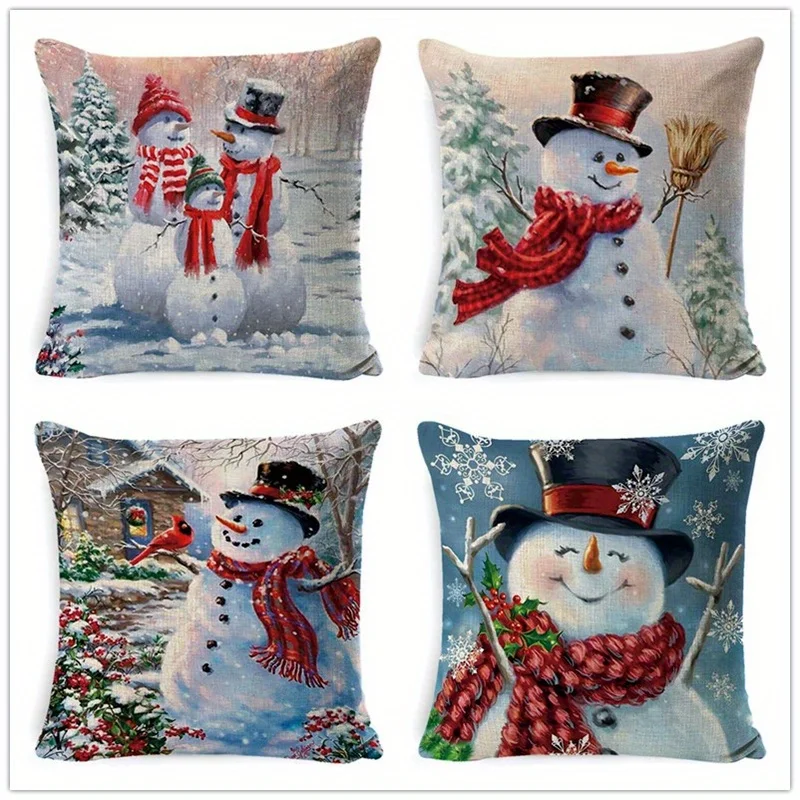 Short plush material pillowcaseHome Decor Snowmen in Winter Scenes for Cozy Decor Pattern Cushion Cover Suitable for Sofa Bedroo