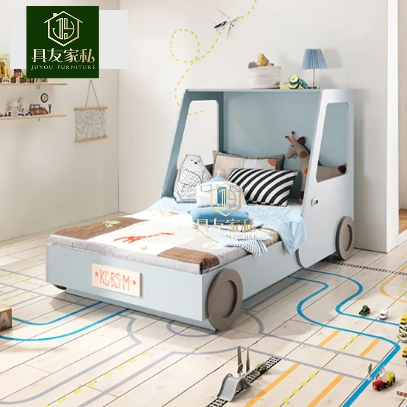 

Креативная детская автомобильная кровать из массива дерева, простая синяя кровать для мальчика