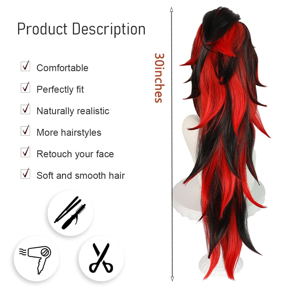 أنيمي شيطان Yoriichi Tsugikuni تأثيري الشعر الاصطناعية 30 بوصة أسود أحمر التدرج انفصال ذيل حصان مناسبة اليومية شعر مستعار للحفلات #2