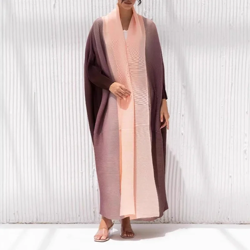 

ALSEY Miyake Chic New Women's Pleated Trench Coat 2025 Summer Fashion Loose Elastic Gradient Colour Long Sleeve Middle East Robe