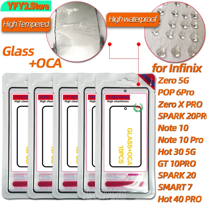 10Pcs Glass +OCA AAA LCD Front Screen Outer Lens With OCA Film  For Infinix Hot 30 40 pro 40i 30i Zero X PRO Play Note 30 pro 5G