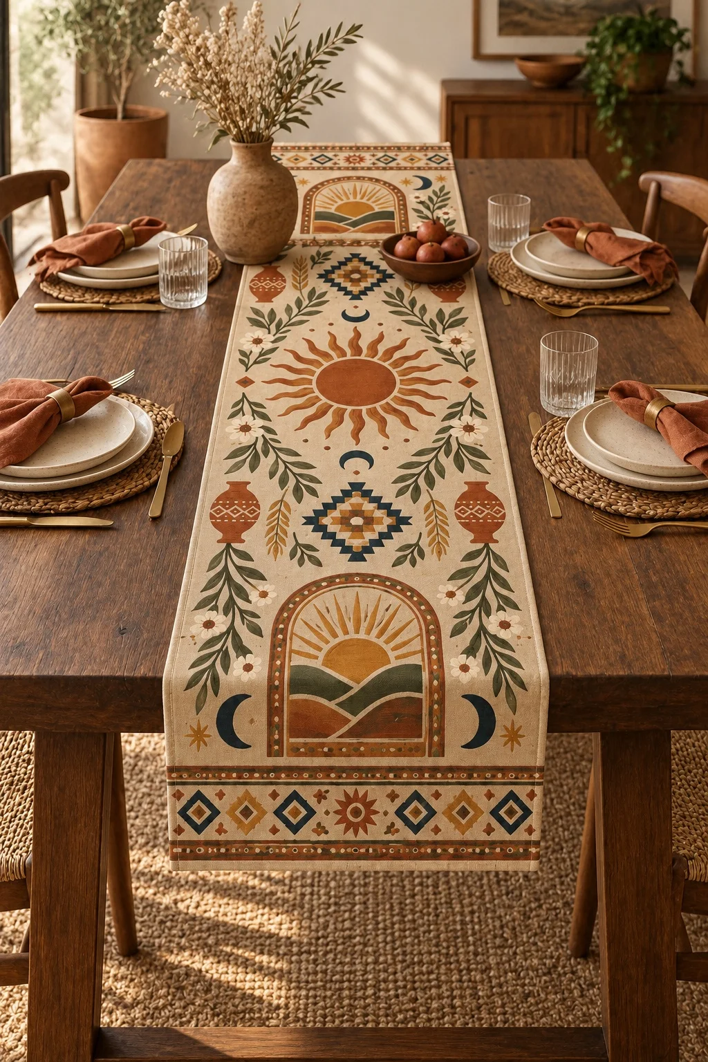 Boho Sun Arch Table Runner Beige Desert Pattern Long Tablecloth Vintage Floral Geometric Dining Room Kitchen Home Decoration