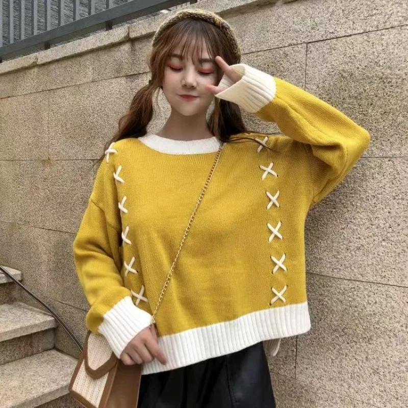 Women Spring Autumn Yellow Patchwork Knitted Pullover Sweaters Sweet O-Neck Front Short Back Long Slit Knit Pullover Cottagecore