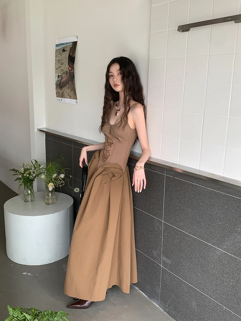 CHEERART Brown Embroidered Vintage Maxi Dress For Women Backless Long Tunics Dress Party Evening Elegant Luxury Celebrity