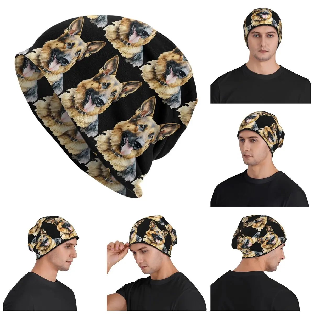 Watercolor German Shepherd Skullies Beanies Hats Warm Autumn Winter Outdoor Cap Knitted Bonnet Caps for Unisex Adult