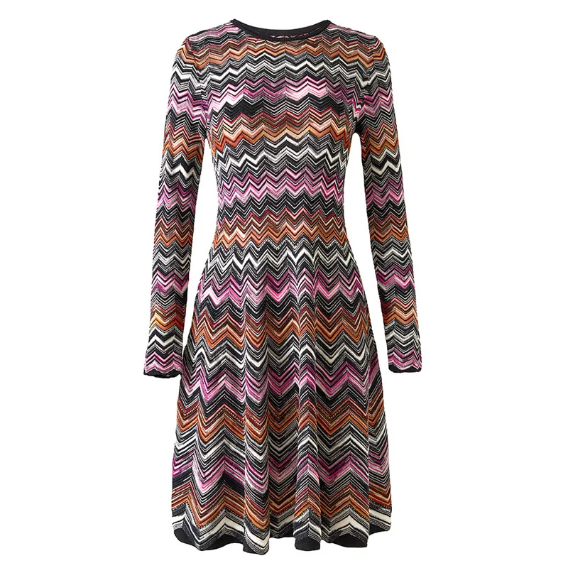 

Women Knitted Cotton Dress Office Lady's O-Neck Long Sleeve Striped A-Line Dress