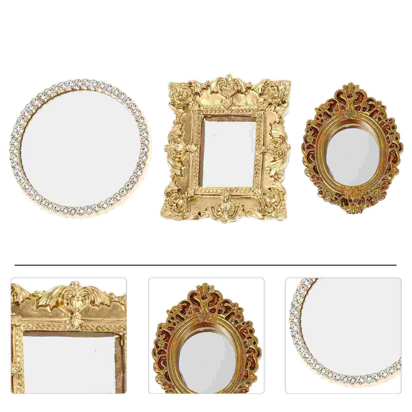 

3 Pcs Mirror Carving Accessories Mini House Decor Miniature Mirror Model Micro Scene Resin nament Golden Frame Wall Mirror