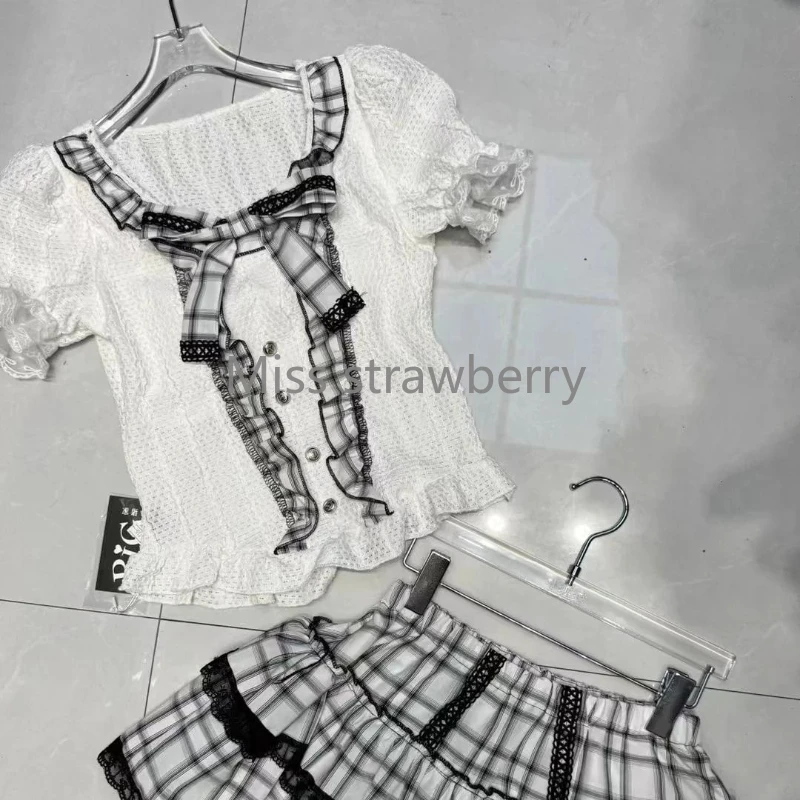 Moonlit Rose لطيف الحد من العمر فتاة حلوة الدانتيل حافة التخسيس تصميم أعلى نصف الجسم كعكة تنورة السراويل قطعتين مجموعة #6