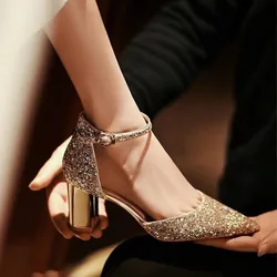 Luxury Gold Silver Sequins High Heels Pumps Women 2024 Pointed Toe Ankle Straps Wedding Shoes Woman Thick Heeled Party