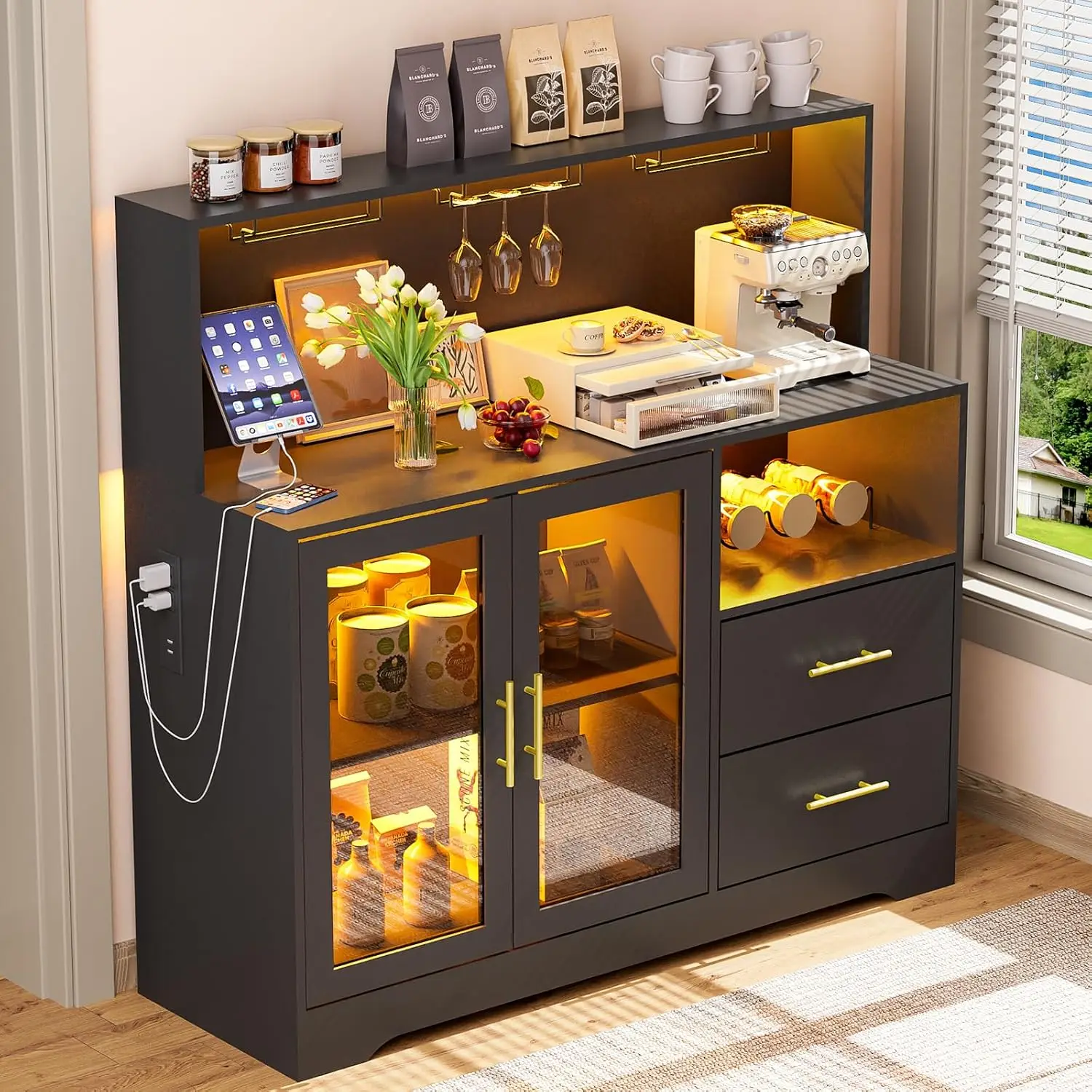 Bar Cabinet Wine Rack RGB Light USB Outlet Glass Holder Home Coffee Bar Living Dining Room, Customized