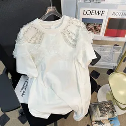 2024 Fashion Women's Short Sleeve Tee Heavy Industry Lace Beading Splice Tops Summer New Casual Loose Cotton T-shirt For Women