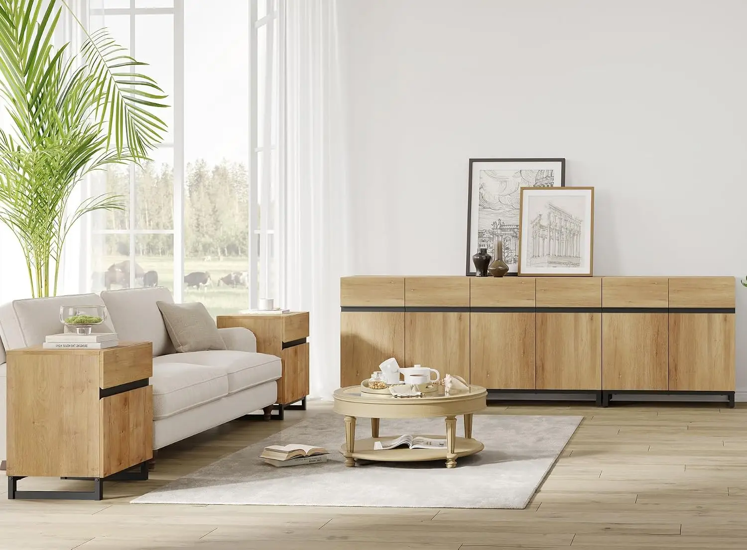 Modern End Table with 1 Drawer & 1 Storage Cabinet, Farmhouse Side Table with 2 Open Door, Wood Rustic Nightstand for Living