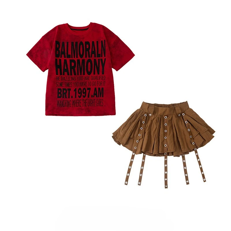 Vêtements de danse de rue Hip Hop pour filles, t-shirt rouge à manches courtes, jupe basse, Costume de spectacle de danse moderne, vêtements de scène de Jazz de groupe