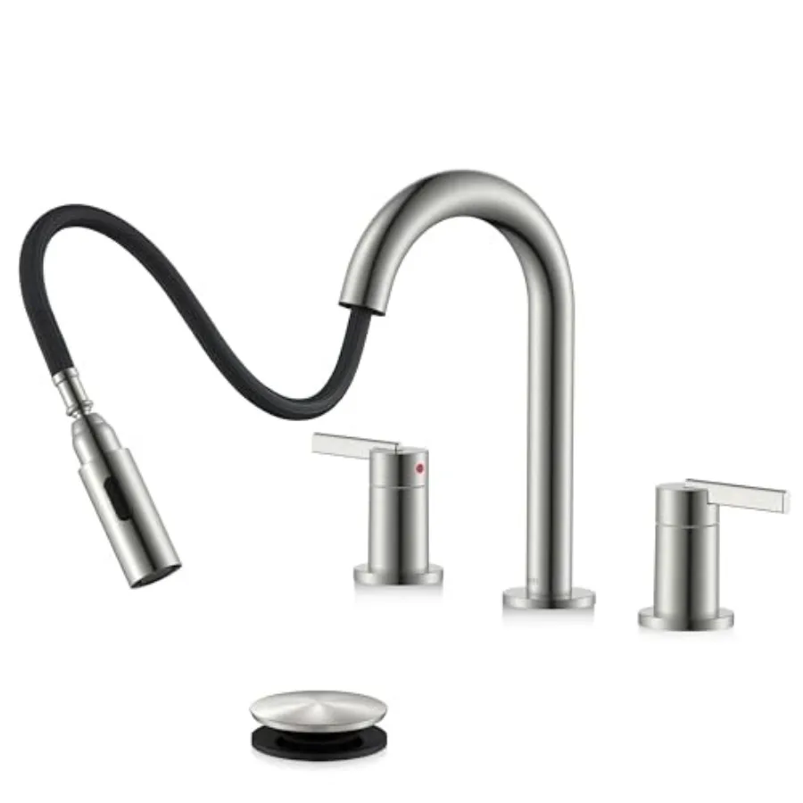 

Widespread Bathroom Faucet with Sprayer, 8 Inch 3 Hole Bathroom Sink Faucet with Pull Out Sprayer, Pull Down 2 Handle Vanity Fa