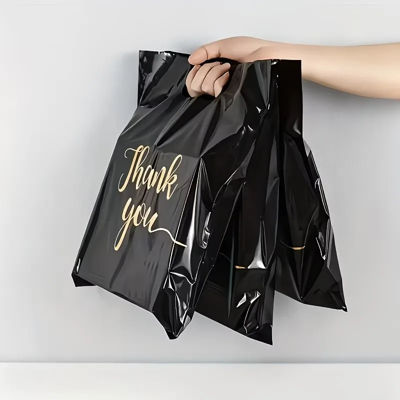 50/100 Stück Schwarze 'Danke'-Plastiktüten Handtaschen Plastik-Einkaufstaschen für Boutiquen Supermärkte Bekleidungsgeschäfte – Detail 2