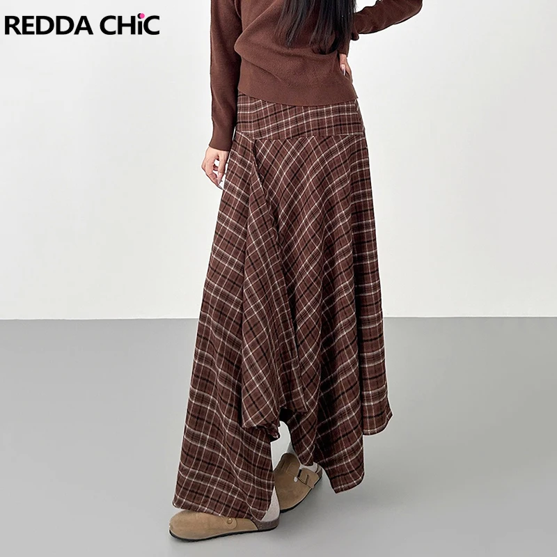 REDDACHiC Women Stitch Ruffle Plaid Skirt Irregular Hem High Waist Maxi Long Casual Asymmetrical Skirt Festival Vintage Bottoms