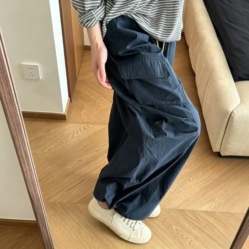 Hose, lässig, Vintage-Stil, einfarbig, weites Bein, Damen, Herbst/Winter, Kordelzug in der Taille, für den Alltag, Outdoor, Cargohose, Freizeitkleidung. – Detail 5
