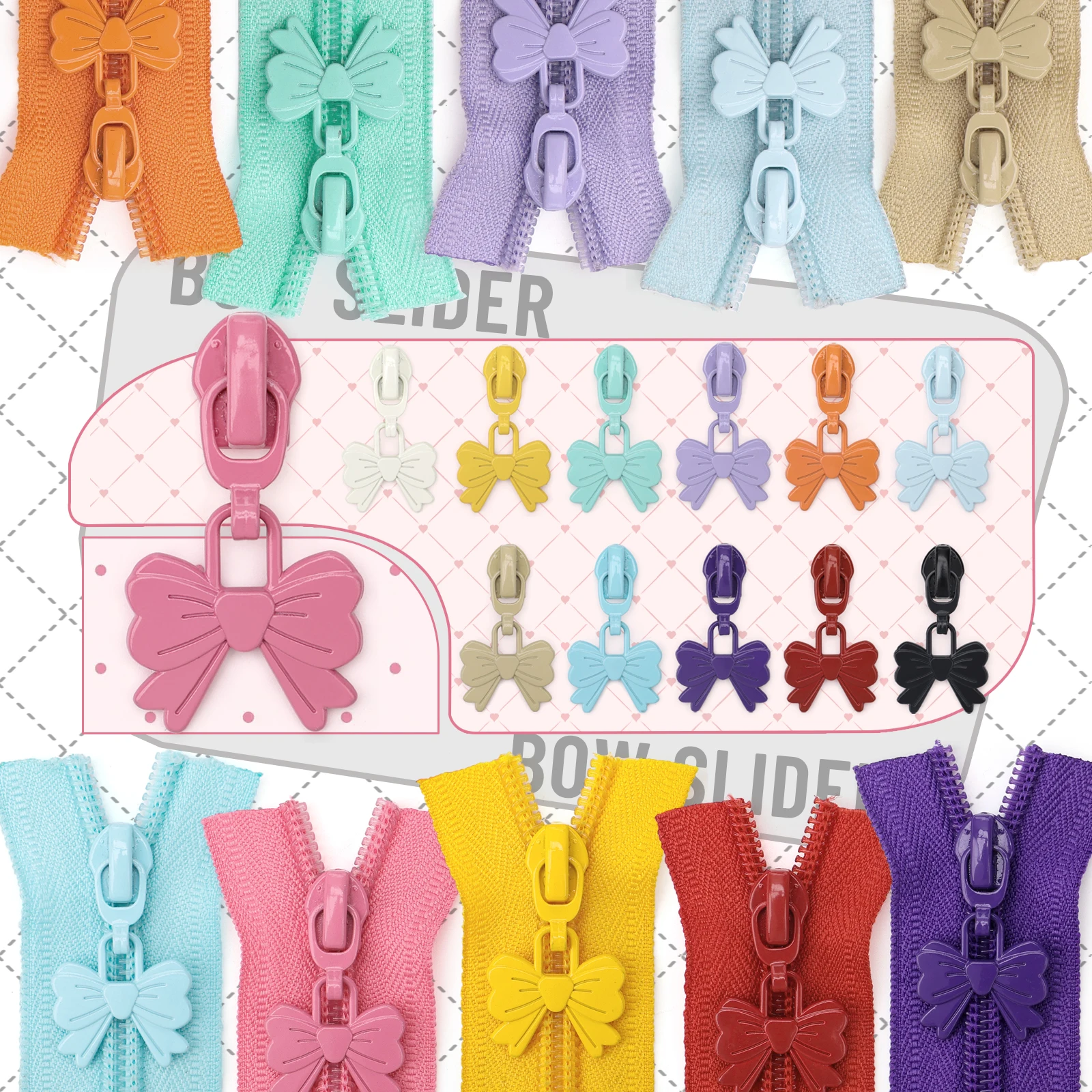 【 # 5er-Set Nylon-Reißverschlüsse & Reißverschlusszieher mit Herzschleife】 1 Set = 5 Yards (177,16 Zoll) # 5 Nylon-Reißverschlüsse + 10 Reißverschlussziehgriffe mit Herzschleife