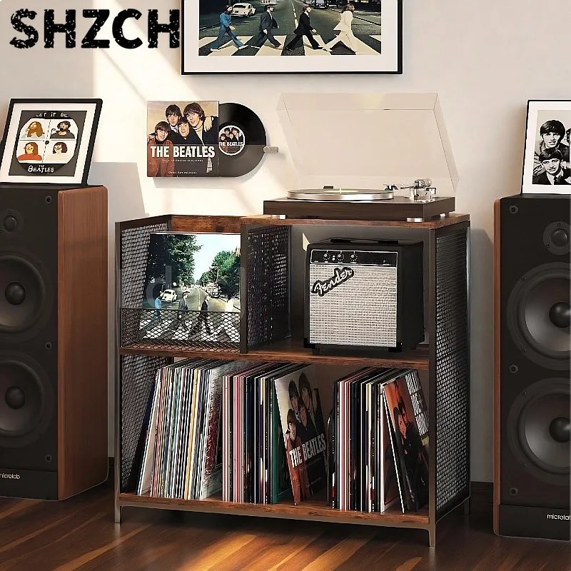 Vintage Vinyl Record Storage Cabinet Industrial Multi-layer Audio Rack Media Console