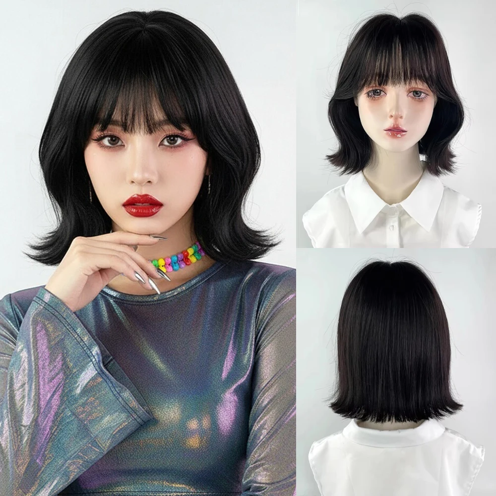 

Women Synthetic Black Wig Short Straight Fluffy Lolita Cosplay Wig with Bangs Heat Resistant for Daily Party