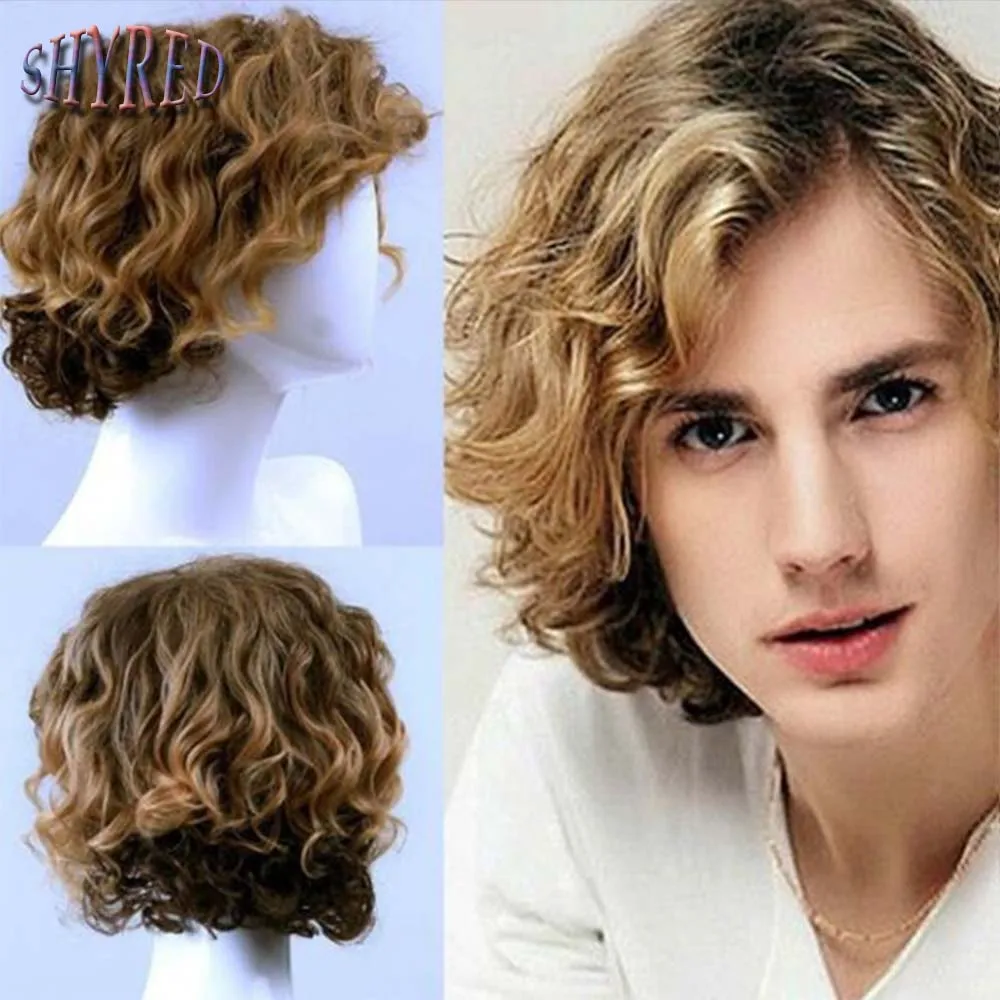 Synthetic Short Curly Wigs Men Boy Cosplay Party Brown Mixed Black Heat Resistant Breathable Fake Hair Men\'s Wig