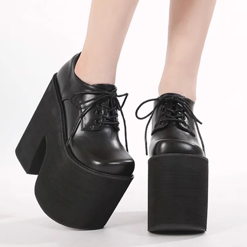 17cm Black Platform High Heel Boots Size 43 Summer Motorcycle Ankle Boots For Women Chunky Shoe Lace Up Zapatos Gothic Mujer