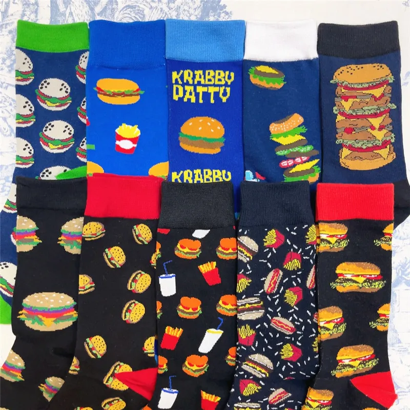 Funny Crew Short Straight Socks Giant Yummy Hamburger Beverage Snack Calorie Party Delicious Fast Food Chips Burger Cheeseburger