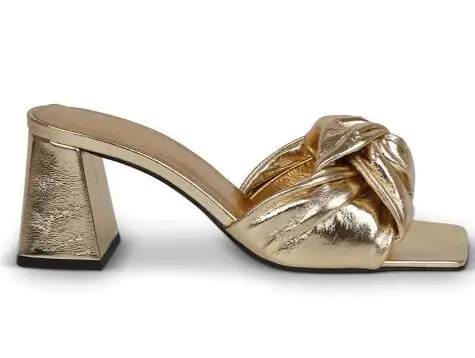 

Light Gold Soft Leather Square Open Toe Twist Bow Shallow Slip On Hoof Heels Modern Slippers Women Fashion Chunky Heels Slides
