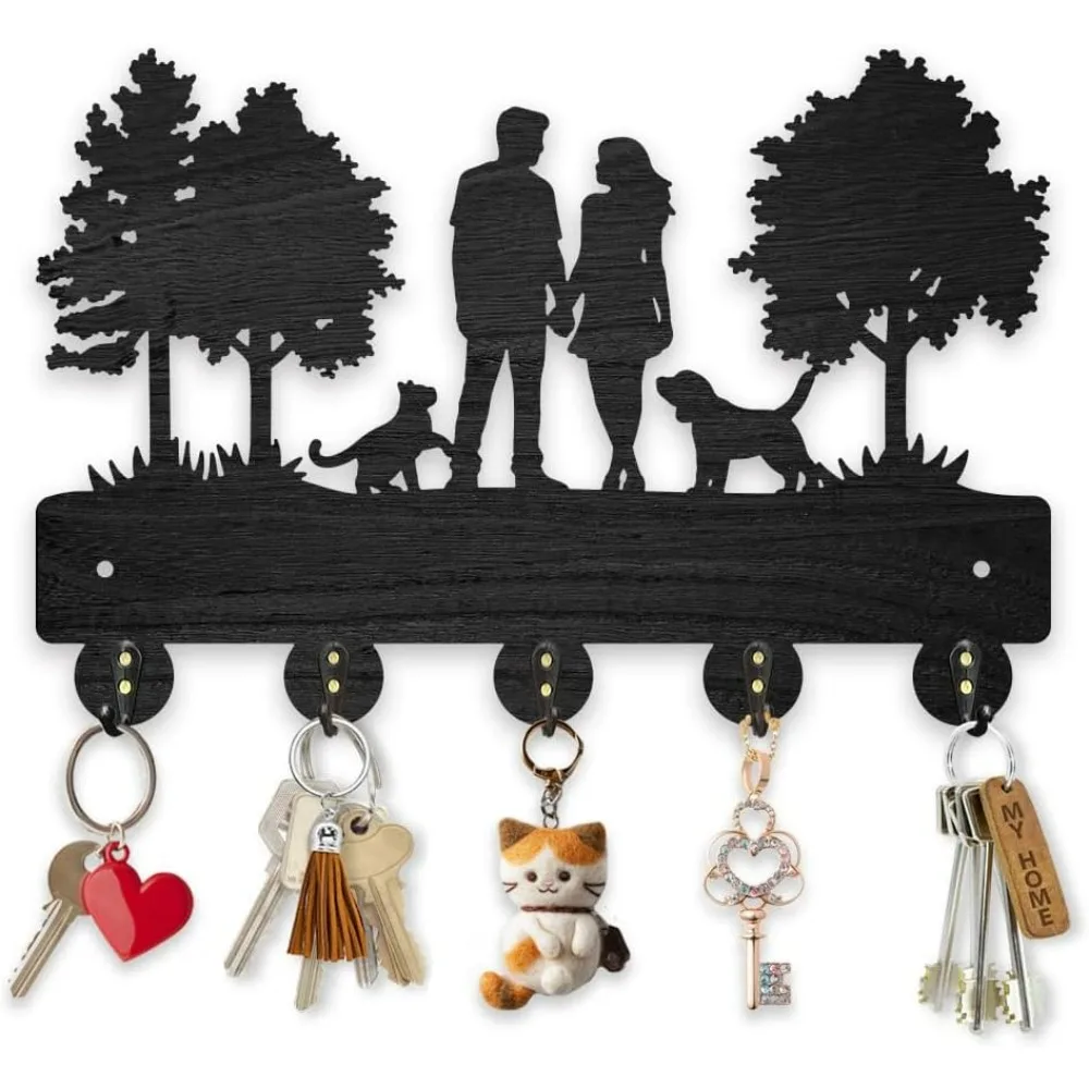 Couple Cat Dog Coat Rack Wood Family Pet Key Hanger for Wall 11.8×7.9inch Home Tree Animal Key Holder Key Rack 5 Alloy Hooks