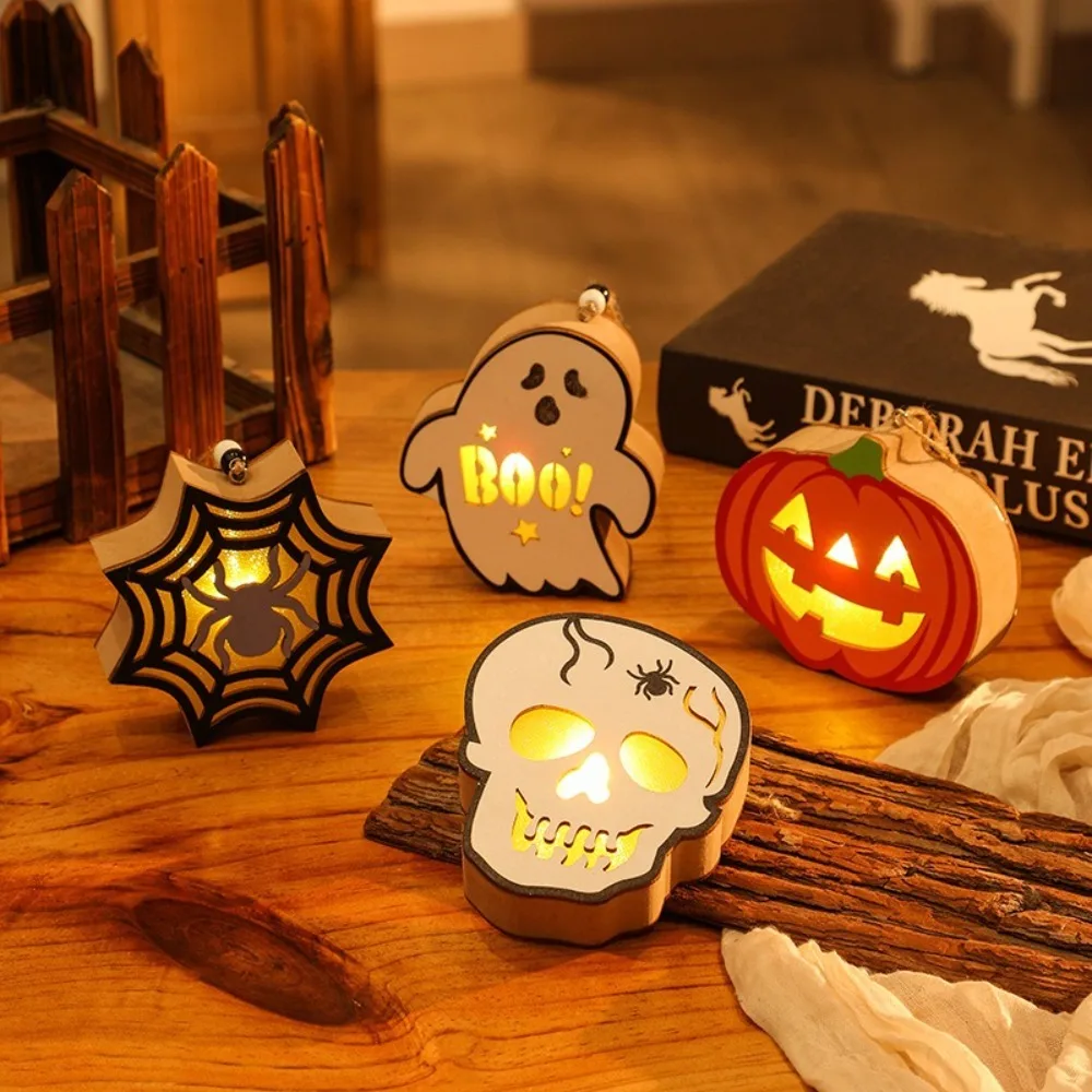 Portable Wooden Pumpkin Lantern Pendant Halloween Decor Halloween Nightlight Spider Handheld Light Halloween