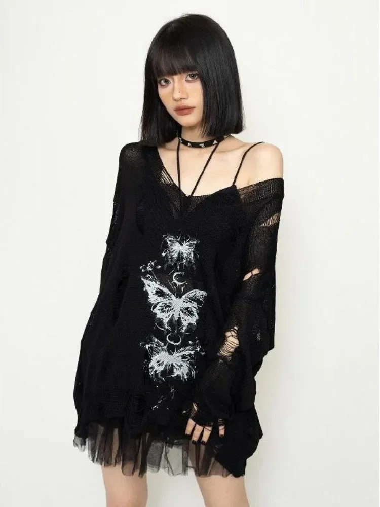 

Butterfly Print Hollow Out Streetwear T-shirts Kintwear Grunge Loose Y2k Aesthetic Harajuku Vintage Casual Knitted Tops Women