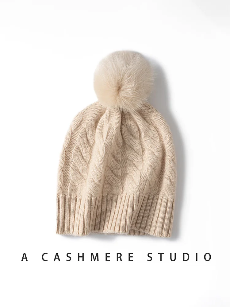 新しい秋冬の女性カシミヤ帽子 100% カシミヤケーブルニット帽子暖かいプルオーバーキャップカジュアルシンプルなスタイルカシミヤ帽子トップス