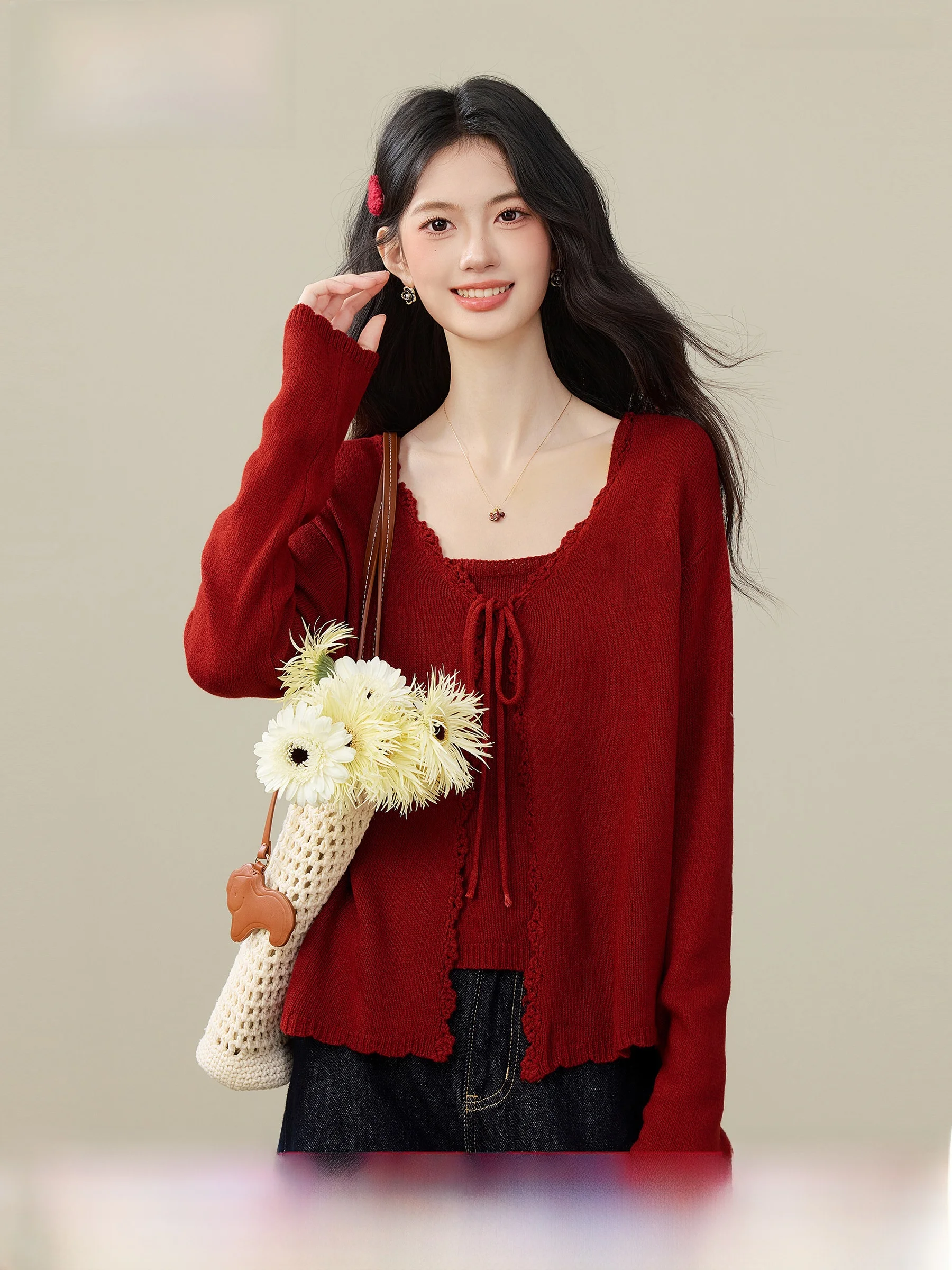 

Ретро-комплект из вязаного кардигана и топа на бретелях для женщин от Lingjiu: новинка весенней коллекции в китайском стиле, свободный крой