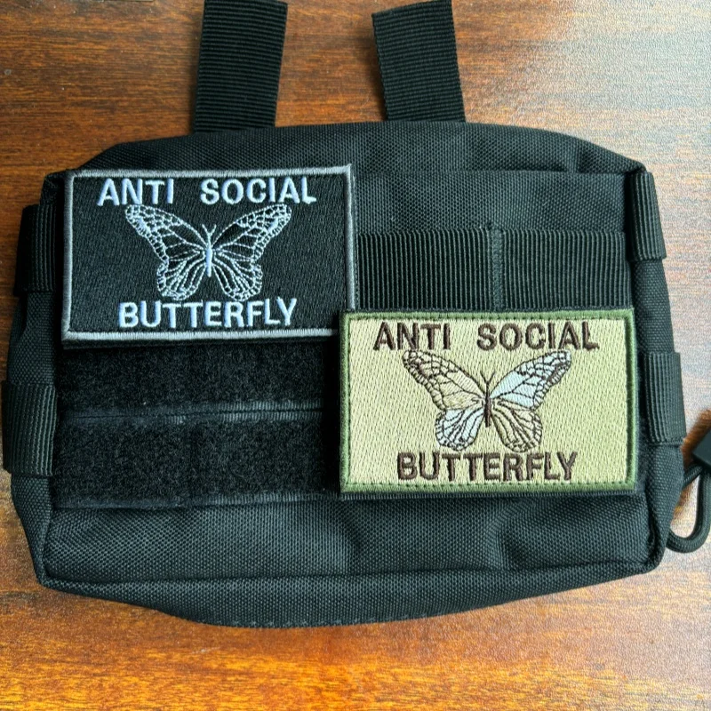 Tactical ANTI-SOCIAL Butterfly Embroidery Hook&Loop Patches Military Butterfly Flag Combat Morale Badge Armband Backpack Sticker