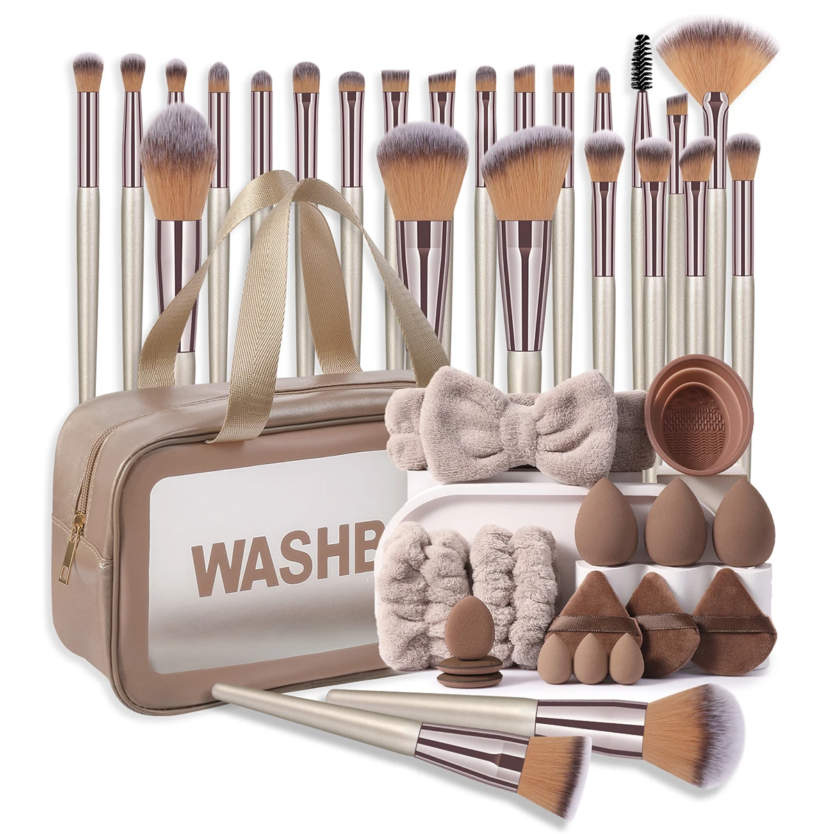 42Pcs Milk Coffee Brown All-in-One Makeup Tool Kit, Professional Makeup Brushes, Bow Plush Headbands, Triangle Powder Puffs, Multi-Size Makeup Sponges, Silicone Brush Cleaner & Leather Hand Storage Bag for Full Face Makeup