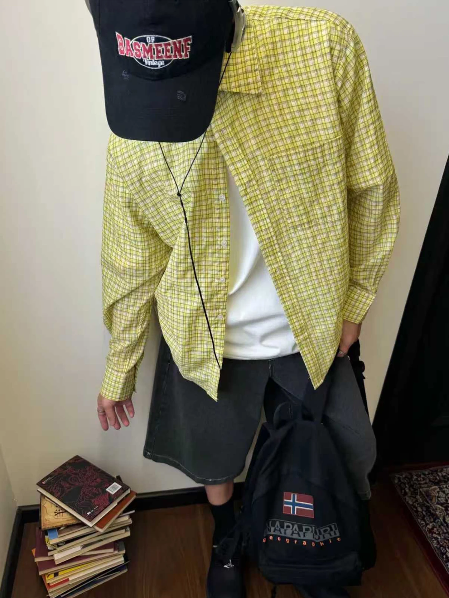 Lightweight Cool Plaid Long Sleeve Lemon Yellow Grid Pattern Men's Shirt Summer Casual Style Sun Protection Loose Fit