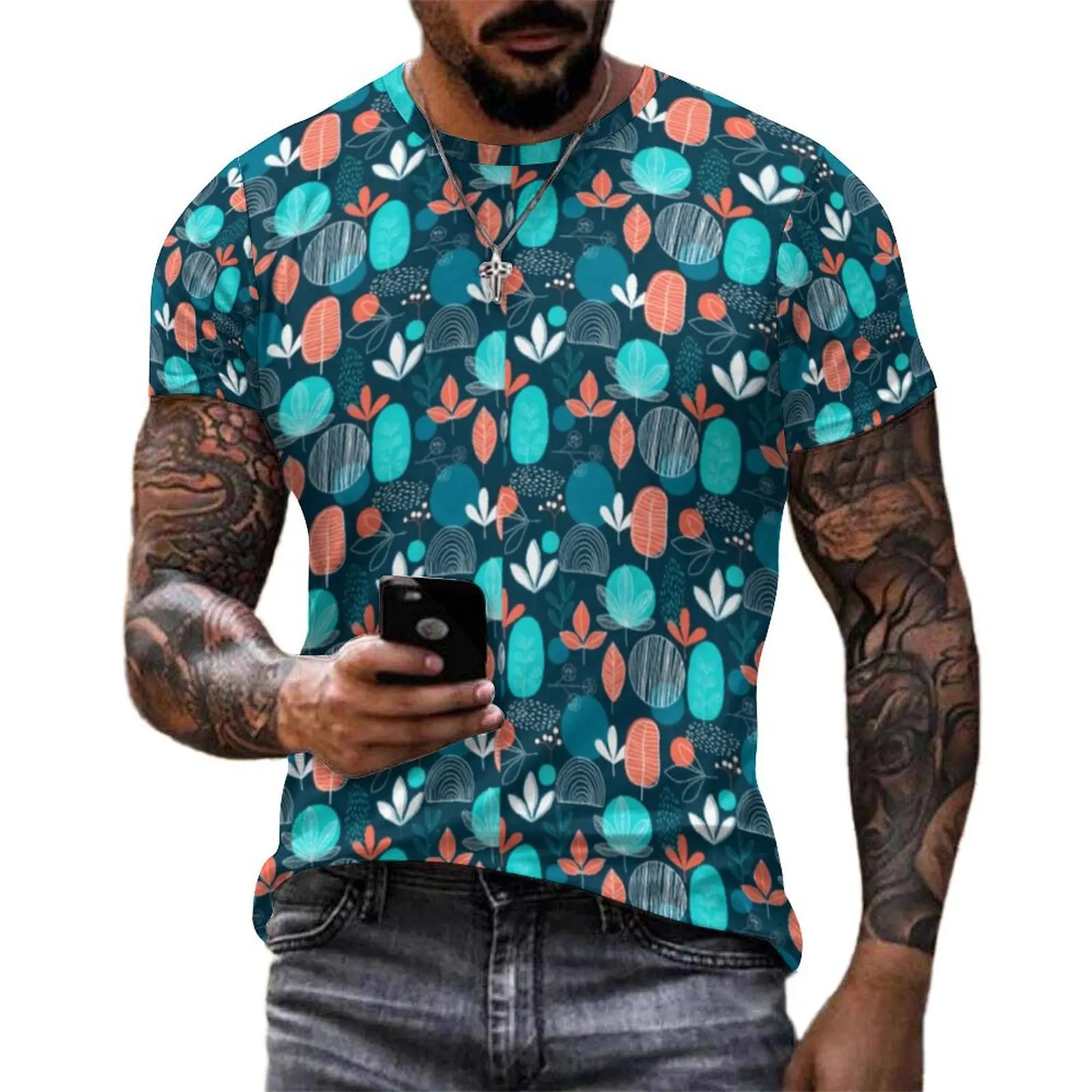 Nordic Style T Shirt For Men Rust Fall Floral Printed O Neck T Shirts Premium Vintage Clothes Short Sleeve Plus Size Tees Gift