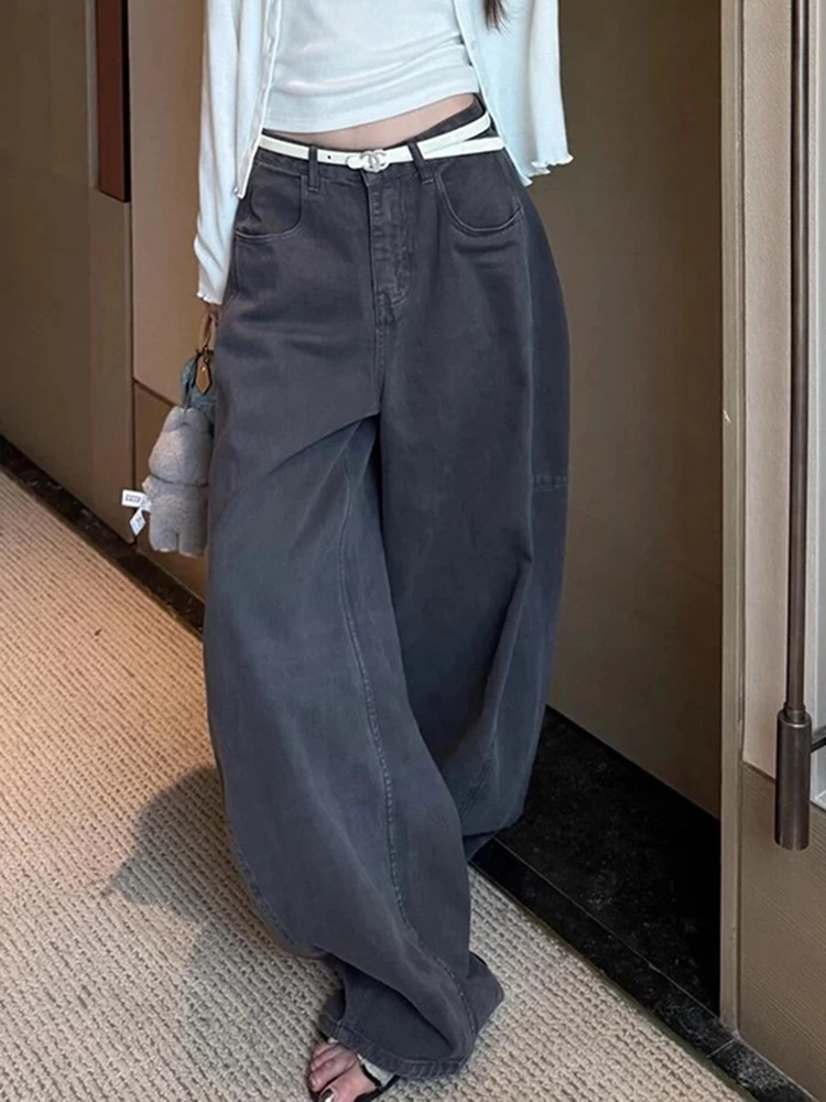 Dames Amerikaanse stijl grijze gebogen mesjeans hoog getailleerde wijde pijpen losse pasvorm afslankende bananenvloerbroek roerbakken ambachtelijke denim